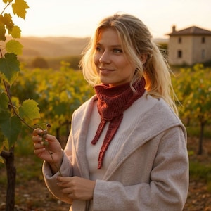 Puede incluir: Una bufanda de punto color óxido con lazos largos. La persona lleva un jersey blanco y un abrigo beige claro. El fondo muestra un viñedo y un edificio.