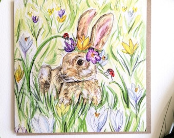Spring Rabbit and Crocus flowers with ladybirds, woodland creatures, greeting card, vintage, original watercolour,