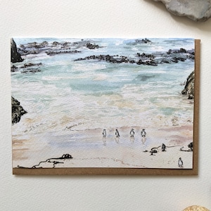 Tarjeta de felicitación con pingüinos, pingüinos africanos en Boulders Beach, tarjeta de cumpleaños con pingüinos, interior en blanco