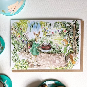 Tea Party Geburtstagskarte, Waldtiere, Fuchs und Reh, Grußkarte, Vintage, Original Aquarell, Einladungskarte, Partyeinladung
