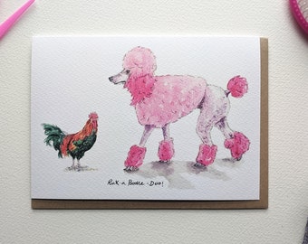 Pink Poodle and cockerel blank greeting card