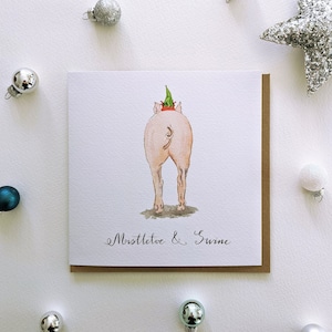 Christmas Pig, Mistletoe & Swine, Blank Greeting Card