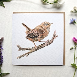 Cartão de felicitações em branco com aquarela de pássaro Wren