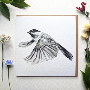 Carte de voeux vierge aquarelle mésange charbonnière oiseau jardin