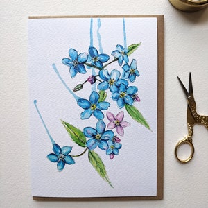 Carte de ne m'oublier pas, carte de voeux vierge aquarelle Myosotis
