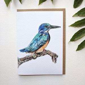 Cartão de pássaro Kingfisher, pintura original em aquarela, pássaros ribeirinhos, pássaros britânicos