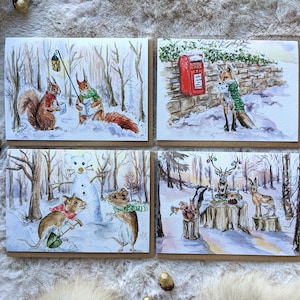 Set van 4 kerstboswezens, hert, vossen, eekhoorns, muizen, wenskaarten, blanco binnenkant
