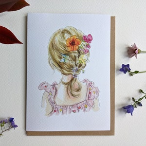 Kleine Mädchen Print, Mädchen Haare und Blumen Blanko Grußkarte