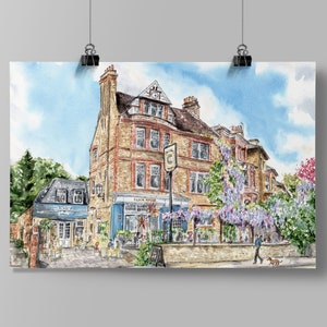 May include: A watercolour painting of a brick building with a blue awning and a sign that reads "The Garden House". The building is surrounded by lush greenery and flowers. A person walks a dog down the pavement in front of the building.