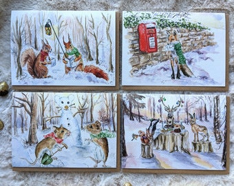 Set Of 4 Christmas Woodland Creatures, Stag, Foxes, Squirrels, Mice,  Greeting Cards, Blank Inside