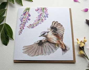 Nuthatch Bird and Wisteria Blank Greeting Card
