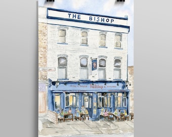 Impresión artística en acuarela de Lordship Lane, The Bishop Pub, East Dulwich