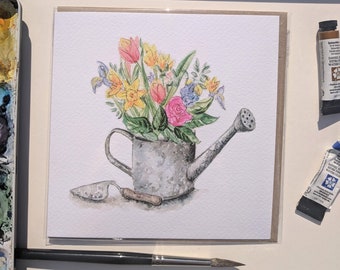 Gardening Floral Watering Can Blank Greeting Card