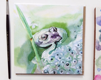 Frog Card, Spring Watercolour, pond illustration, frog art print, blank inside, frog love, frog birthday card