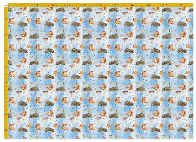 May include: A blue and white fabric with a repeating pattern of hedgehogs, mushrooms, and leaves. The hedgehogs are brown and have red bows. The mushrooms are white with brown stems. The leaves are orange and yellow.