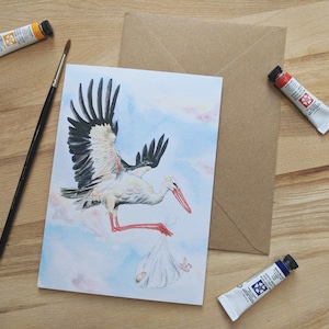 Stork New Baby Girl or Boy watercolour Blank Greeting Card