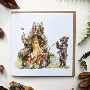 Camping Karte, Grizzly Bären Lagerfeuer Abenteuer Wildnis Blanko Grußkarte