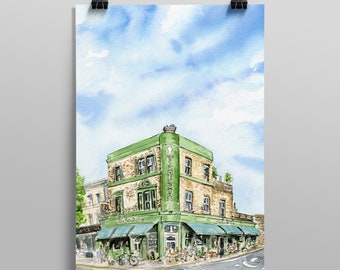Impresión artística de acuarela original del pub Palmerston, East Dulwich