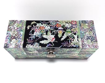 Mother of Pearl Jewelry Box: Korean Wooden Trinket Storage, Flowers & Birds