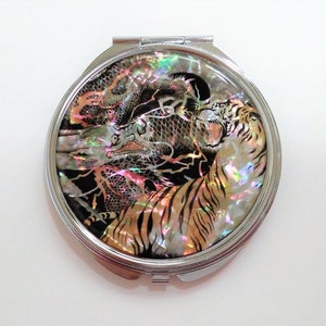 Tiger & Dragon pattern Mother of pearl Compact mirror, Cosmetic mirror, Makeup mirror, Black color, Gift for her mom