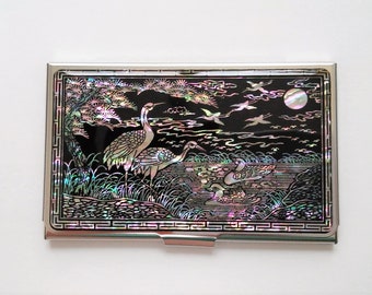 Business card case Mother of pearl Name card case Business card holder Crane & Mandarin duck patterned Black color