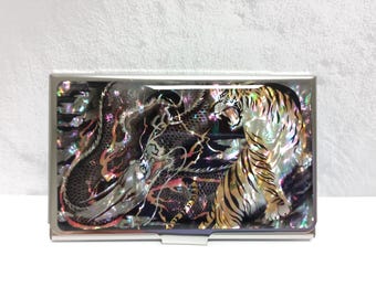 Mother of Pearl Business Card Case: Tiger and Dragon Design, Stainless Steel