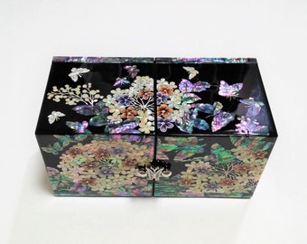 Mother of Pearl Jewelry Box, 4 Drawers Box, Wood, Hydrangea & Butterfly, Black