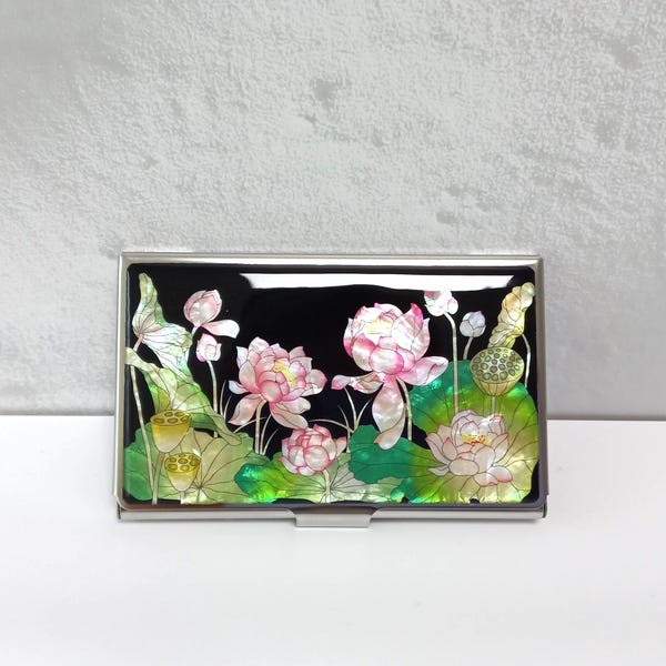 Visitenkartenetui: Perlmutt Edelstahl Lotus Schwarz