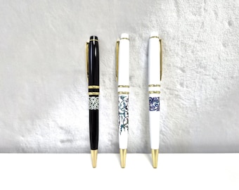 Korean Mother of Pearl Ballpoint Pen: Handcrafted Arabesque Cranes Design Black White