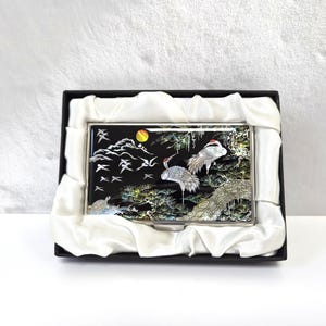 Mother of Pearl Business Card Case: Crane And Tree Design Stainless Steel