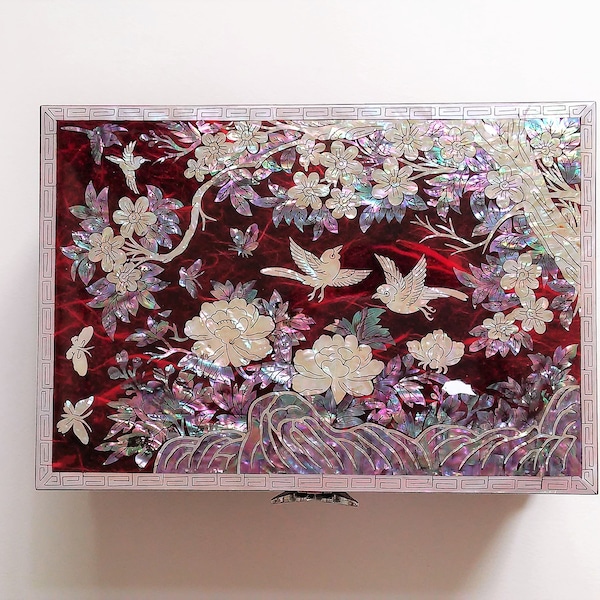 Large size Musical jewelry box Mother of pearl jewelry trinket box Organizer 2 Tier wooden box Flowers and birds pattern Purple Red 2 colors