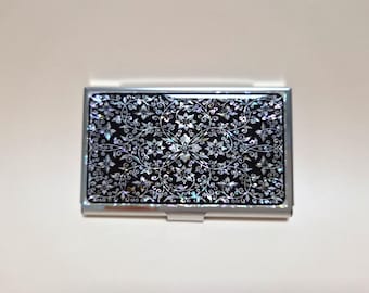 Mother of Pearl Business Card Case: Arabesque Design, Stainless Steel