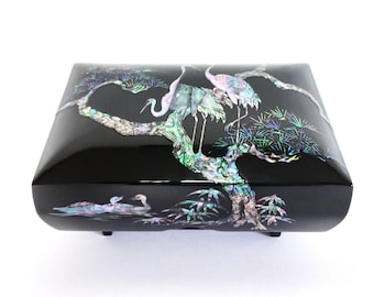 Mother of Pearl Jewelry Box: Crane and Tree Wooden Watch Storage