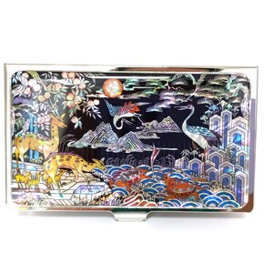 Mother of Pearl Business Card Holder Business Card Case The Ten Traditional Symbols Of Longevity Pattern Black Color