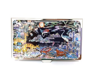 Mother of Pearl Business Card Holder Business Card Case The Ten Traditional Symbols Of Longevity Pattern Black Color