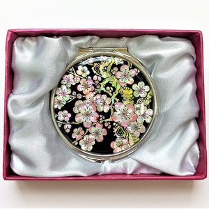 Mother of pearl Cosmetic mirror, Compact mirror, Makeup mirror, Plum blossoms pattern, Gift for her, Black color