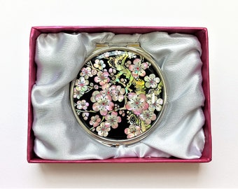 Mother of pearl Cosmetic mirror, Compact mirror, Makeup mirror, Plum blossoms pattern, Gift for her, Black color