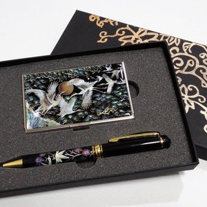 Mother of Pearl Crane Pen and Business Card Holder Set image 1
