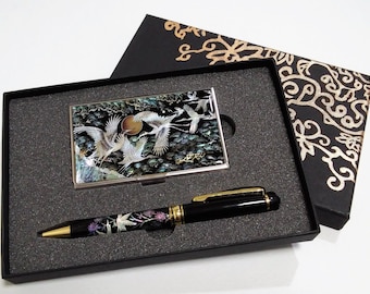 Mother of Pearl Crane Pen and Business Card Holder Set