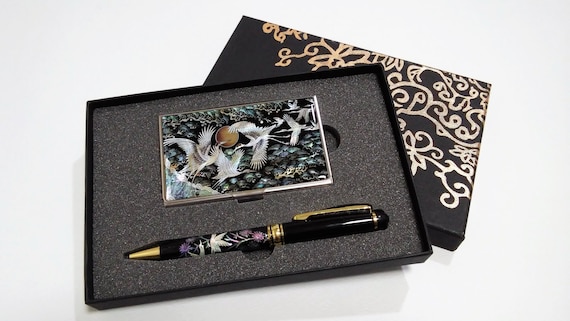Mother of Pearl Crane Pen and Business Card Holder Set