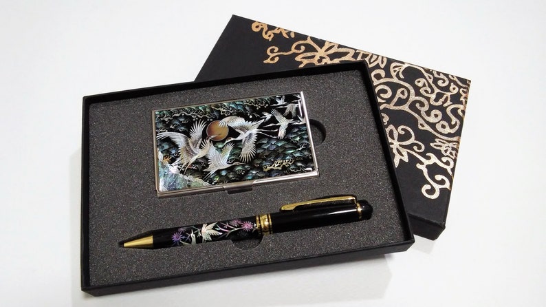 Mother of Pearl Crane Pen and Business Card Holder Set image 1
