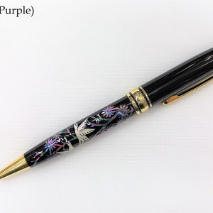 With Gift Wrapping Mother of pearl Ballpoint pen Handcrafted pen Inlaid with mother of pearl Crane Birds Peonies Dragon Bamboo 5 Pattern Birds (White/Purple)