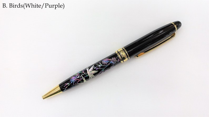 With Gift Wrapping Mother of pearl Ballpoint pen Handcrafted pen Inlaid with mother of pearl Crane Birds Peonies Dragon Bamboo 5 Pattern Birds (White/Purple)