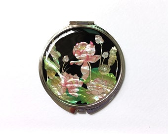 Mother of pearl, Compact mirror, Cosmetic mirror, Makeup mirror, Lotus flower, Gift for her, mom