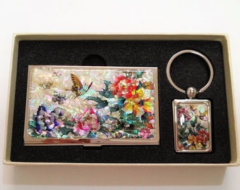 Business card holder, Mother of pearl business case & key ring set, key chain, Business card holder for women