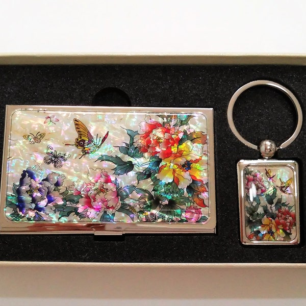 Business card holder, Mother of pearl business case & key ring set, key chain, Business card holder for women