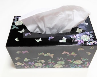 Mother of Pearl Tissue Box Cover: Peony & Butterfly, Wood, Shell, Black