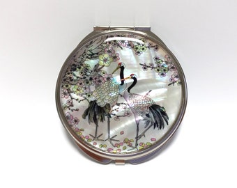 Mother of Pearl Compact Mirror: Crane Flower Design, White