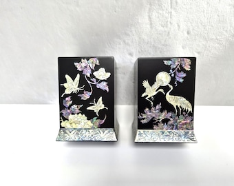 Mother of Pearl Pencil Holder: Korean Lacquerware Desk Organizer, Flower Crane 2 Design, Black