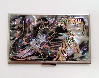 Tiger And Dragon Pattern Business Card Case Mother of Pearl Business Card Holder Gift For Him Her